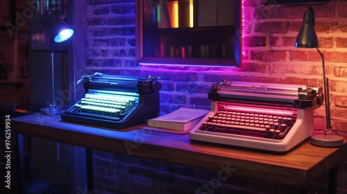 Two Typewriters on a Table in a Room with Neon Lights.