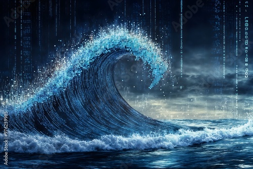 Binary Data Wave. The Convergence of Nature and Technology in a Futuristic Oceanic Scene