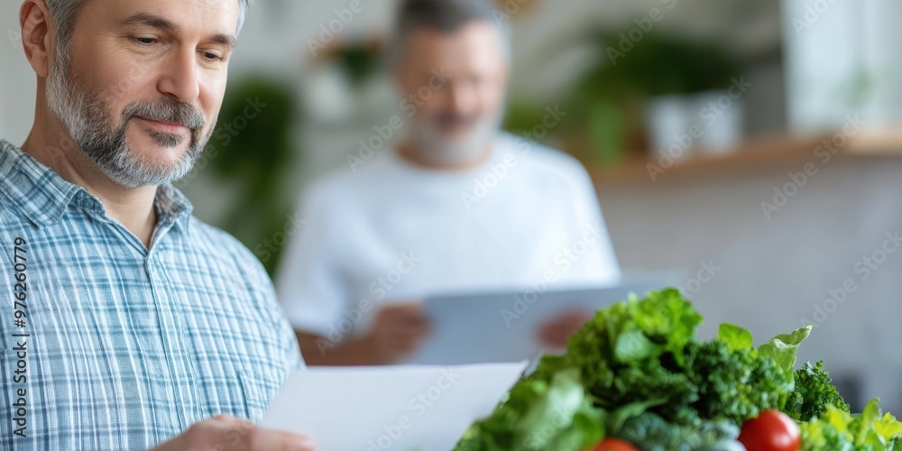 Two individuals are shown reading menus at a fresh salad restaurant, suggesting a focus on health-conscious dining, fresh ingredients, and the social experience of sharing a meal together. Two individuals are shown reading menus at a fresh salad restaurant, suggesting a focus on health-conscious dining, fresh ingredients, and the social experience of sharing a meal together.