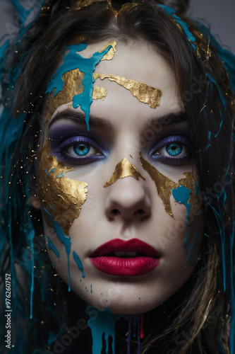 woman closeup with red lips and golden paint on her face