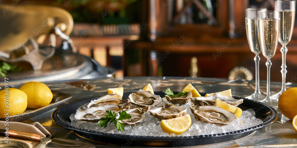 Fototapeta premium Elegant table setting with a platter of freshly shucked oysters on ice, garnished with lemon wedges and parsley, accompanied by champagne in crystal glasses.