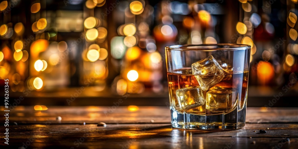 Glass of Whiskey with Ice on a Bar Counter with a Bokeh Background, Whiskey, Bar, Drink Glass of Whiskey with Ice on a Bar Counter with a Bokeh Background, Whiskey, Bar, Drink