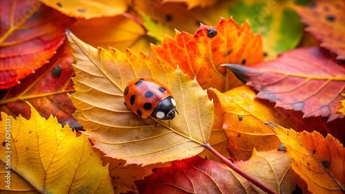 Ladybug on Autumn Leaves   Fall Nature Macro Photography photo