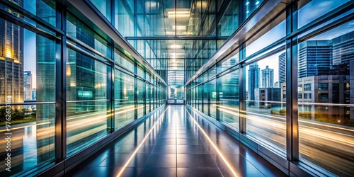 Glass Corridor with City Skyline Reflections, Architecture, Cityscape, Modern Design