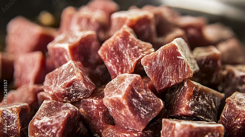 close-up of freeze-dried beef cubes before being added to a hearty stew for rehydration close-up of freeze-dried beef cubes before being added to a hearty stew for rehydration