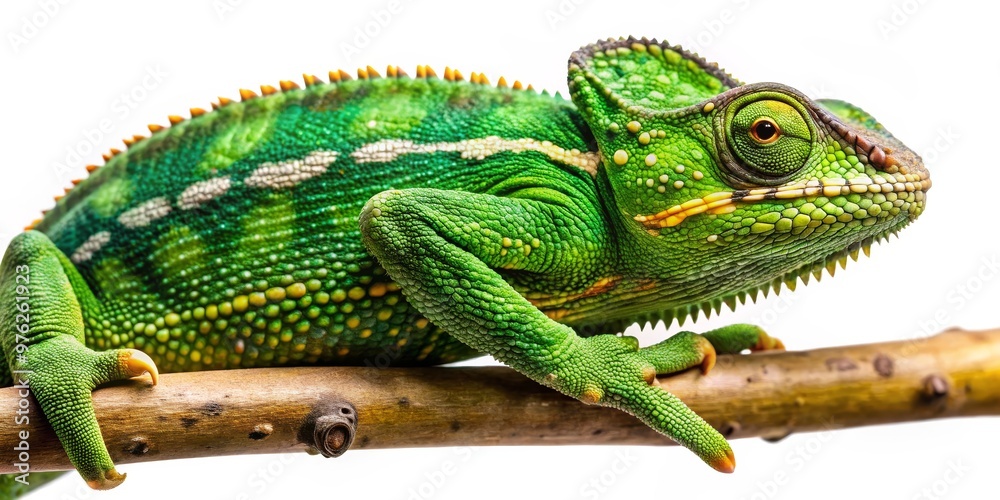 Fototapeta premium Green Veiled Chameleon on a Branch, Close-up, Isolated, Reptile, Lizard, Chameleon