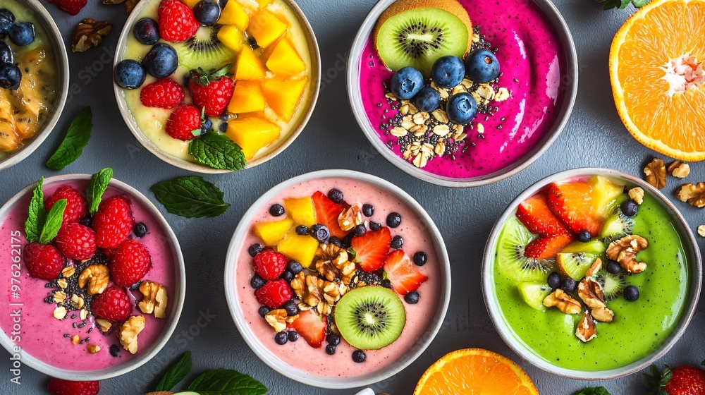 Colorful smoothie bowls with fresh fruit, nuts, and seeds. Colorful smoothie bowls with fresh fruit, nuts, and seeds.