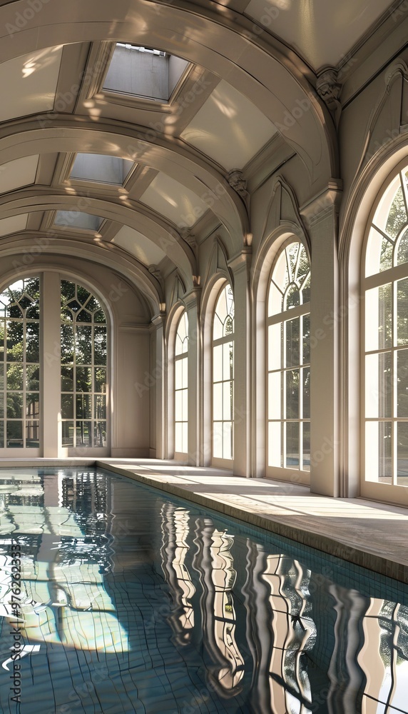 Sunlit indoor swimming pool nestled within an elegant historic building ...