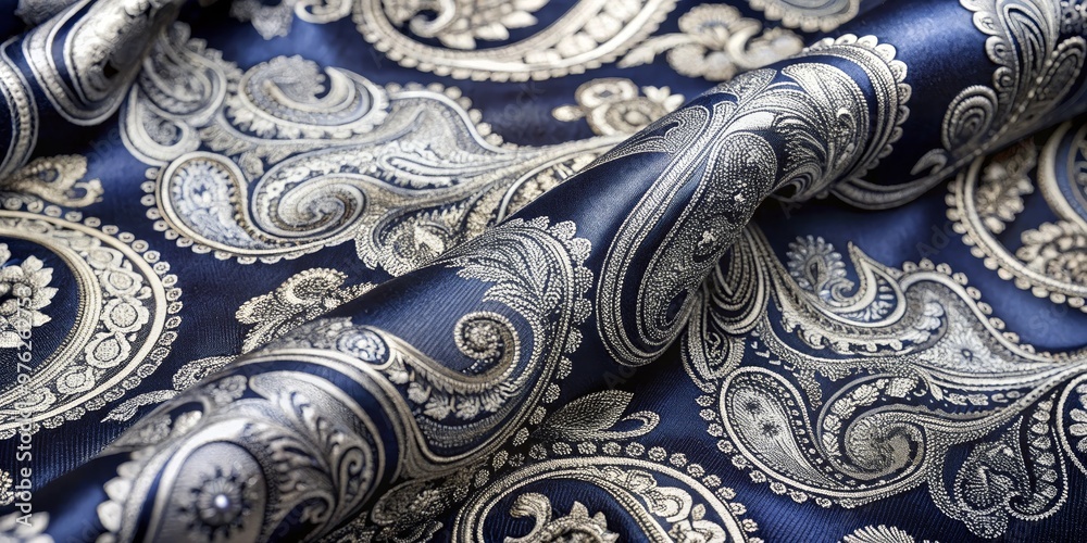 Navy Blue Paisley Fabric Texture with Silver Embroidered Design, Paisley, Texture, Fabric Navy Blue Paisley Fabric Texture with Silver Embroidered Design, Paisley, Texture, Fabric