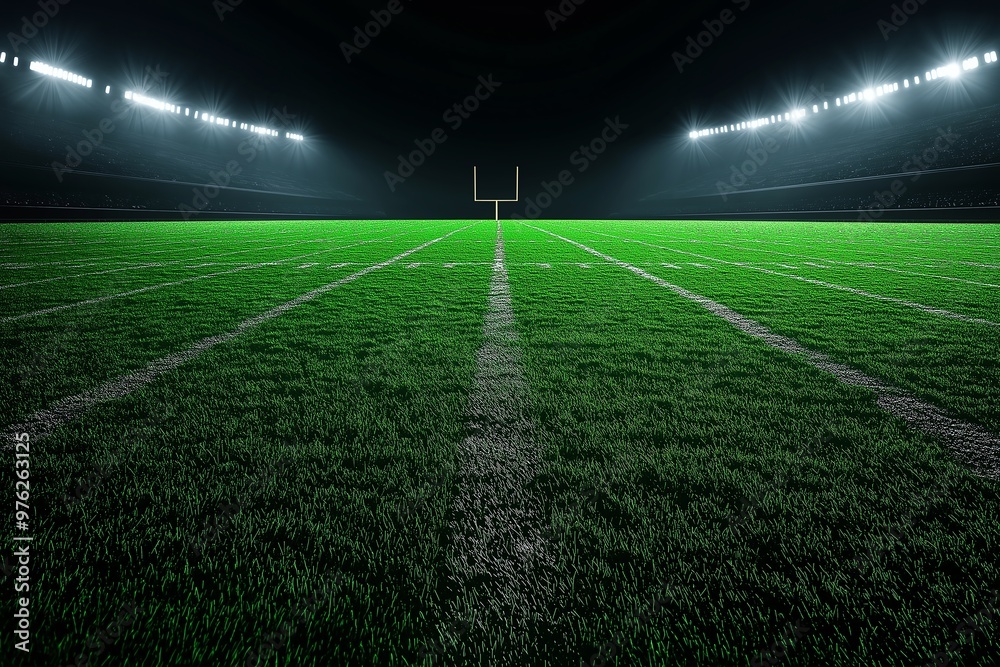 Obraz premium A green American football field with bright stadium lights, against a black background, captured from a wide-angle perspective, in a photorealistic style.