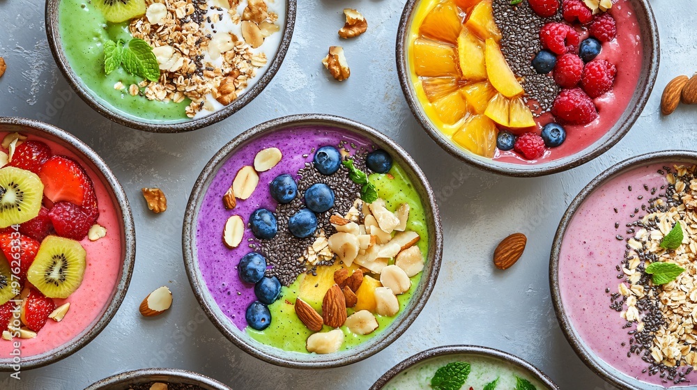 Colorful smoothie bowls with fruit, nuts, and granola. Colorful smoothie bowls with fruit, nuts, and granola.