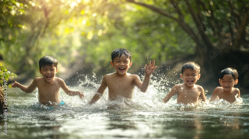 Four young boys splashing and playing in a shallow river. Four young boys splashing and playing in a shallow river.