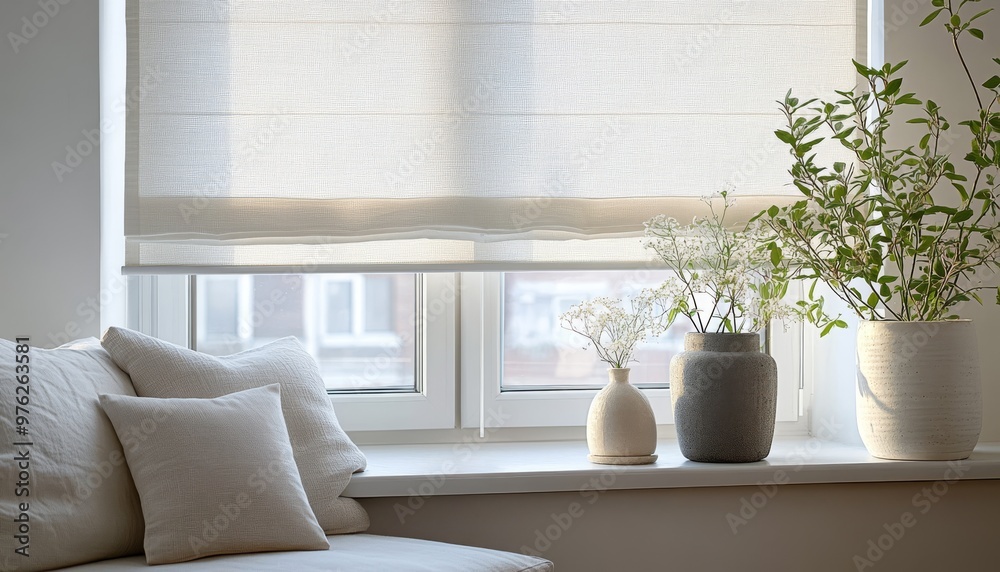 Cozy Living Room With Natural Light Shining Through a Soft Window Blind and Potted Plants