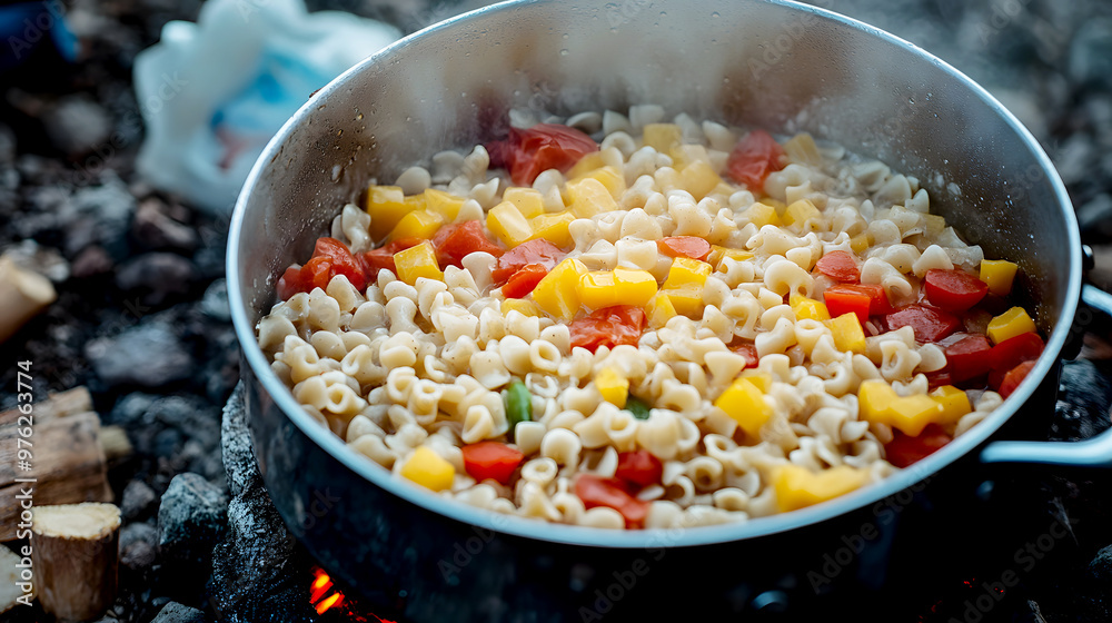 close-up of freeze-dried pasta and vegetables, rehydrating in a pot of boiling water