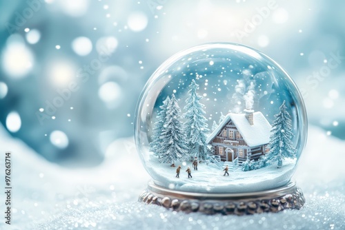 Boule à neige avec maison et personnages patinant sur la glace