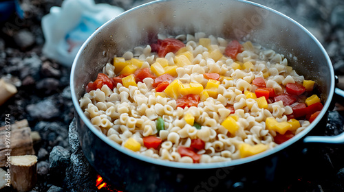 close-up of freeze-dried pasta and vegetables, rehydrating in a pot of boiling water