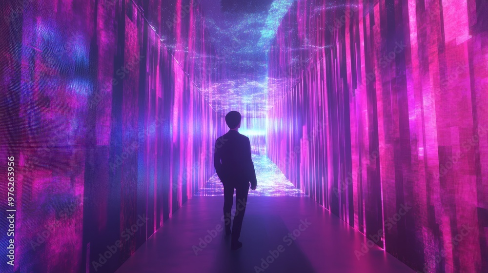 Man Walking Towards Light in Neon Tunnel. Man Walking Towards Light in Neon Tunnel.