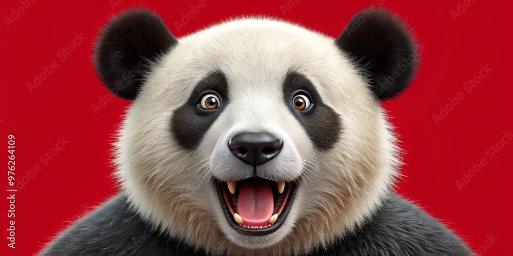 Obraz premium Surprised Panda with Open Mouth on Red Background, 3D Render, Animal Portrait, Cute Panda, Panda Expression, Panda Face, Red Background