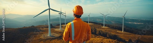 Wind turbine technician adjusting blades with a soft breeze in the air, highlighting the human element in sustainable electricity generation