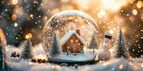 Boule à neige avec maison en bois et bonhomme de neige illuminés