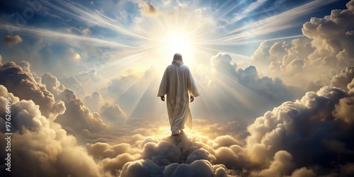 The Divine Presence A Man in White Robe Walking on Clouds, Sunlight Beams Through, Heaven, Faith, Belief ,Christianity, Spirituality