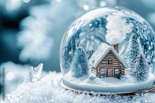 Boule à neige avec maison en bois et sapins sous un ciel étoilé