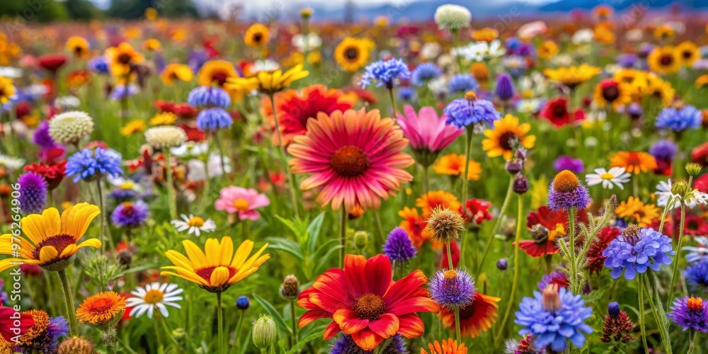 Wildflower Meadow - Colorful Blooms, Close-up, Blurred Background, Wildflowers, Meadow, Summer, Nature Wildflower Meadow - Colorful Blooms, Close-up, Blurred Background, Wildflowers, Meadow, Summer, Nature