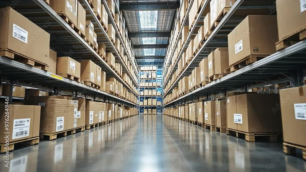 Cardboard boxes are stacked on pallets in a large warehouse Cardboard boxes are stacked on pallets in a large warehouse