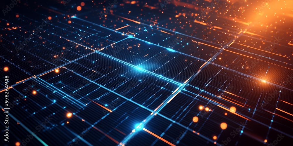 This captivating digital background beautifully showcases a grid of glowing lines adorned with a flurry of vibrant particles, making it an ideal choice for technology, AI, and data analysis projects This captivating digital background beautifully showcases a grid of glowing lines adorned with a flurry of vibrant particles, making it an ideal choice for technology, AI, and data analysis projects