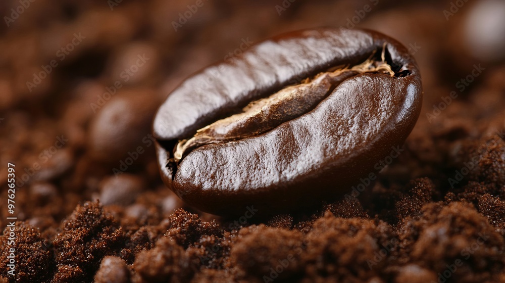 A close up coffee bean with ground coffee as background. A close up coffee bean with ground coffee as background.