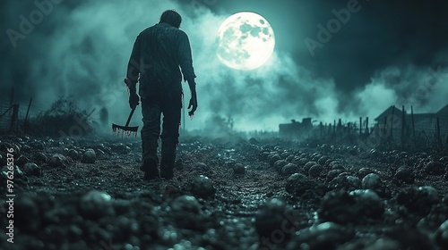 A lone figure walks through a field of skulls under a full moon.