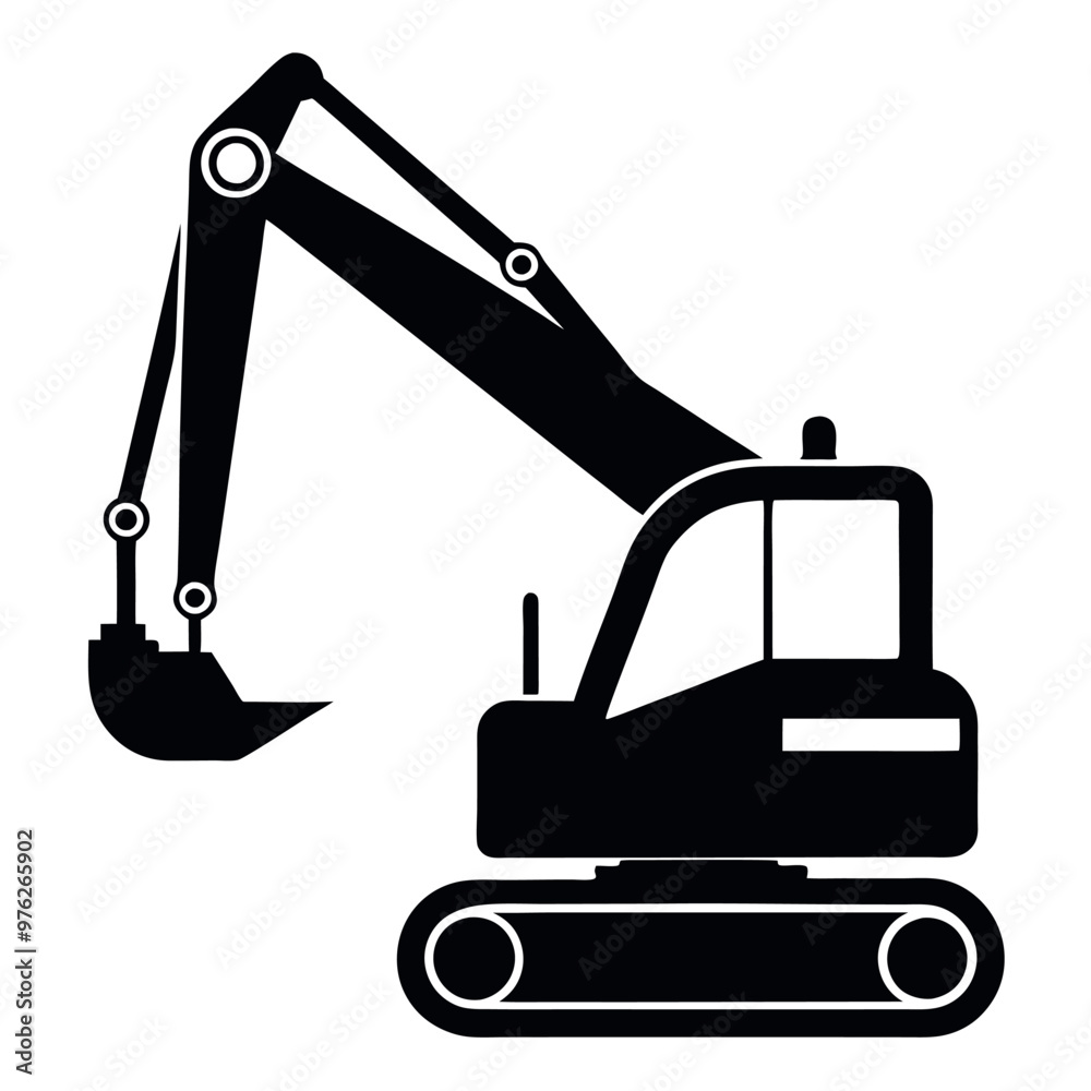 a black and white silhouette of an excavator. The excavator is shown in a side view, with the arm extended upwards and the bucket at the end of the arm a black and white silhouette of an excavator. The excavator is shown in a side view, with the arm extended upwards and the bucket at the end of the arm