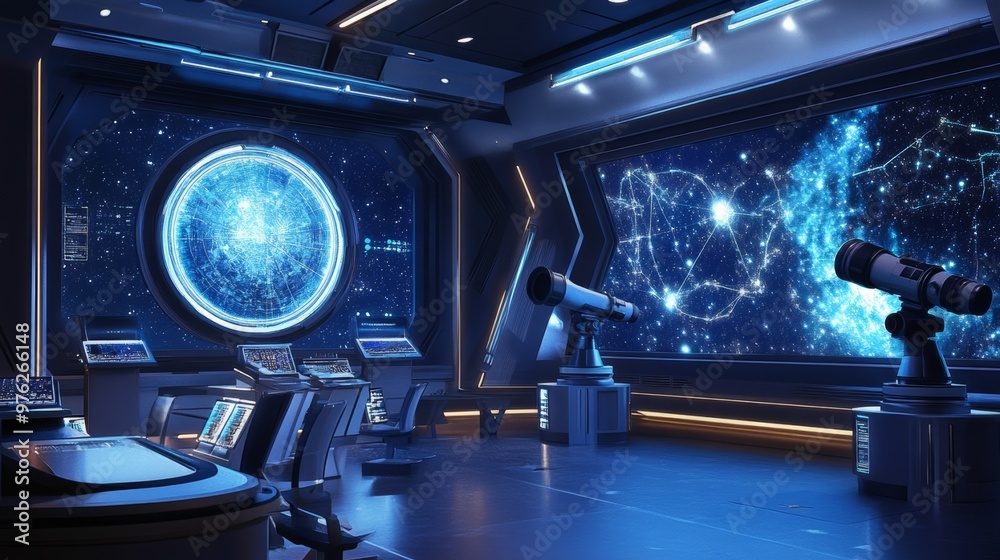 Fototapeta premium Futuristic Space Station Interior with Telescopes and Star Charts.