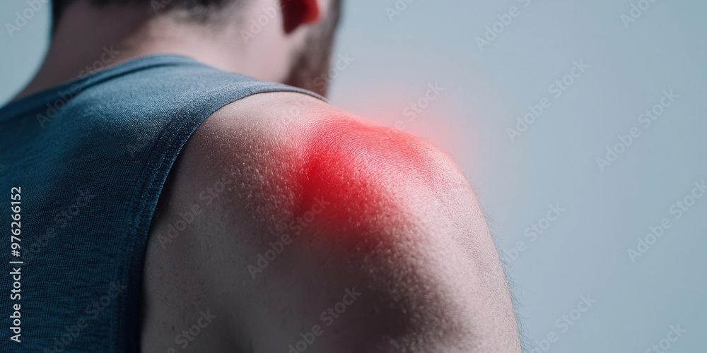 A person experiencing shoulder pain is depicted, with the painful area highlighted in red, emphasizing the discomfort and need for relief, portraying physical strain or injury.