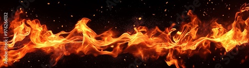 Flames of fire on a black background, panoramic view, banner, high resolution, high quality, high detail.