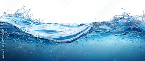 Water background with a blue water surface and air bubbles on a white isolated background, vector illustration