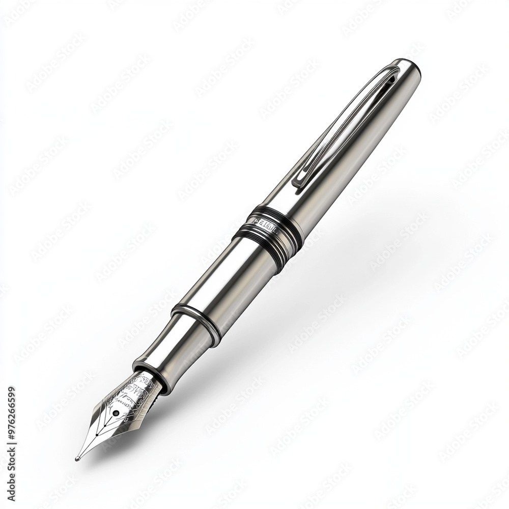 Luxury fountain pen with a polished silver finish, on a white background, sophisticated and classic design. Luxury fountain pen with a polished silver finish, on a white background, sophisticated and classic design.