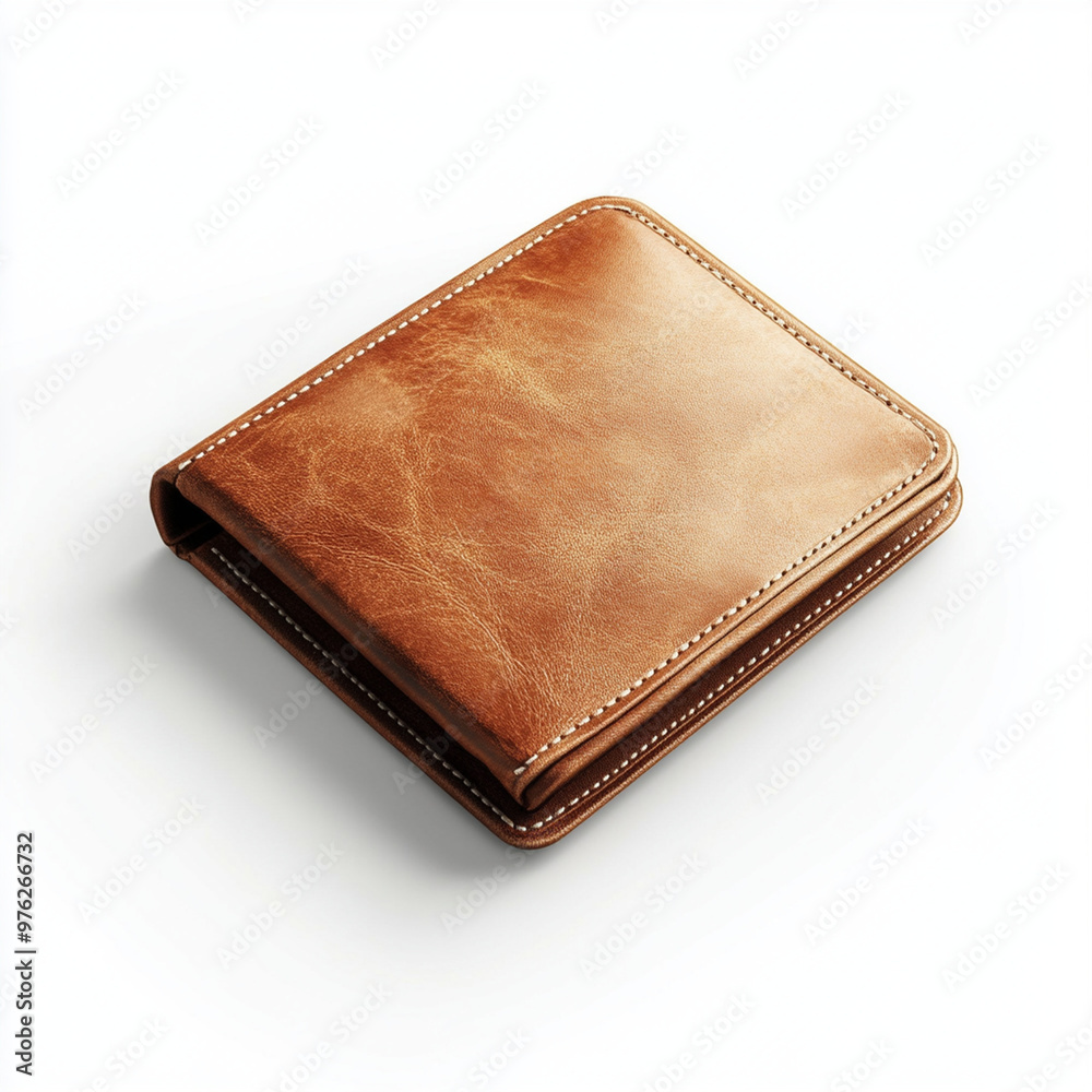 Leather wallet in rich tan color, closed and neatly folded, on a white background, luxury and minimalist design. Leather wallet in rich tan color, closed and neatly folded, on a white background, luxury and minimalist design.