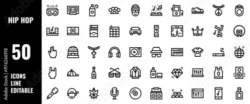 50 Hip Hop Icons Set Pack Line Editable Vector Illustration