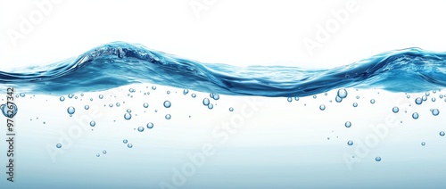 Water background with a blue water surface and air bubbles on a white isolated background, vector illustration