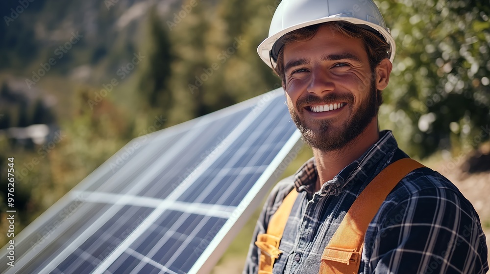 Happy man, engineer and solar panel for eco friendly environment or alternative energy in nature Happy man, engineer and solar panel for eco friendly environment or alternative energy in nature