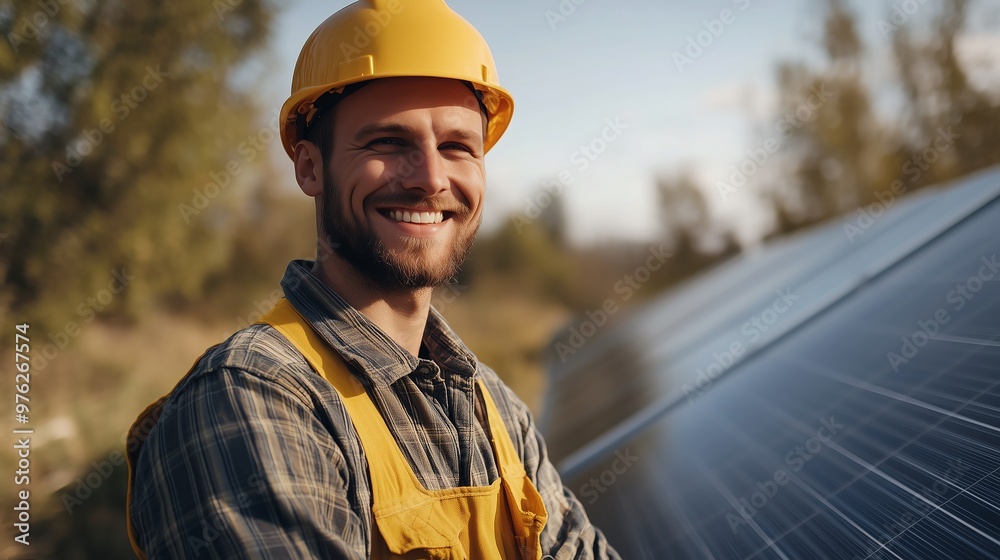 Happy man, engineer and solar panel for eco friendly environment or alternative energy in nature Happy man, engineer and solar panel for eco friendly environment or alternative energy in nature