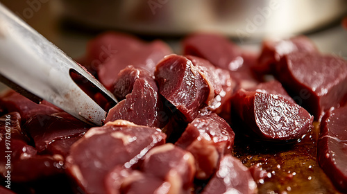 Close-up of raw liver being sliced for a pet’s biologically appropriate meal photo