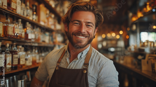 A stylish handsome barman in elegant white shirt and vest serves a drink in a cozy bar.