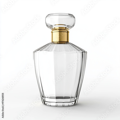 Luxury perfume bottle in clear glass with gold cap, front view, on a white background, elegant and sophisticated design.