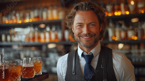 smiling bartender serving a colorful cocktail drink on the counter bar.