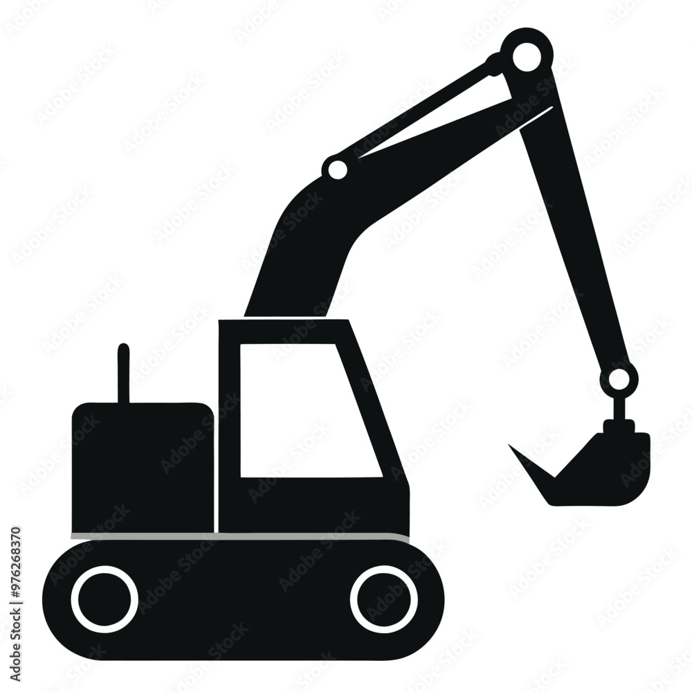 a black and white silhouette of an excavator. The excavator is shown in a side view, with the arm extended upwards and the bucket at the end of the arm a black and white silhouette of an excavator. The excavator is shown in a side view, with the arm extended upwards and the bucket at the end of the arm