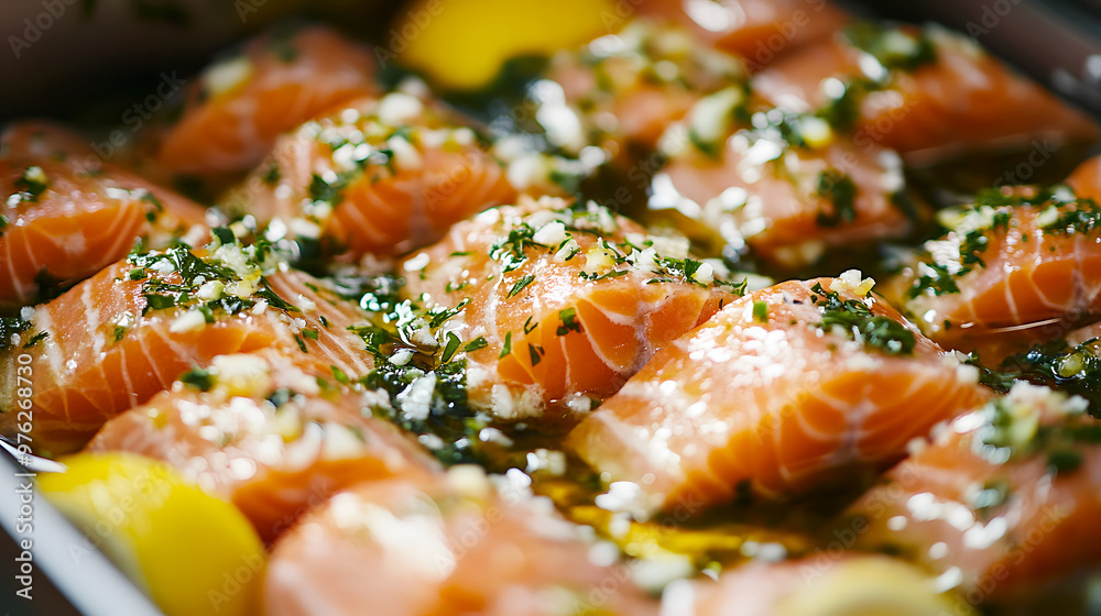 close-up of raw salmon being marinated with herbs and lemon close-up of raw salmon being marinated with herbs and lemon
