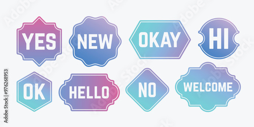 Labels, Frames set. Retro stickers with with text Yes, New, Okay, Hi, Hello etc. Tag, sticker, banner, sign, logo templates. Sale, shopping, web banners. Vector illustration