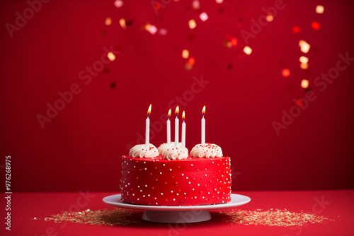 red birthday cake with frosting and five candles